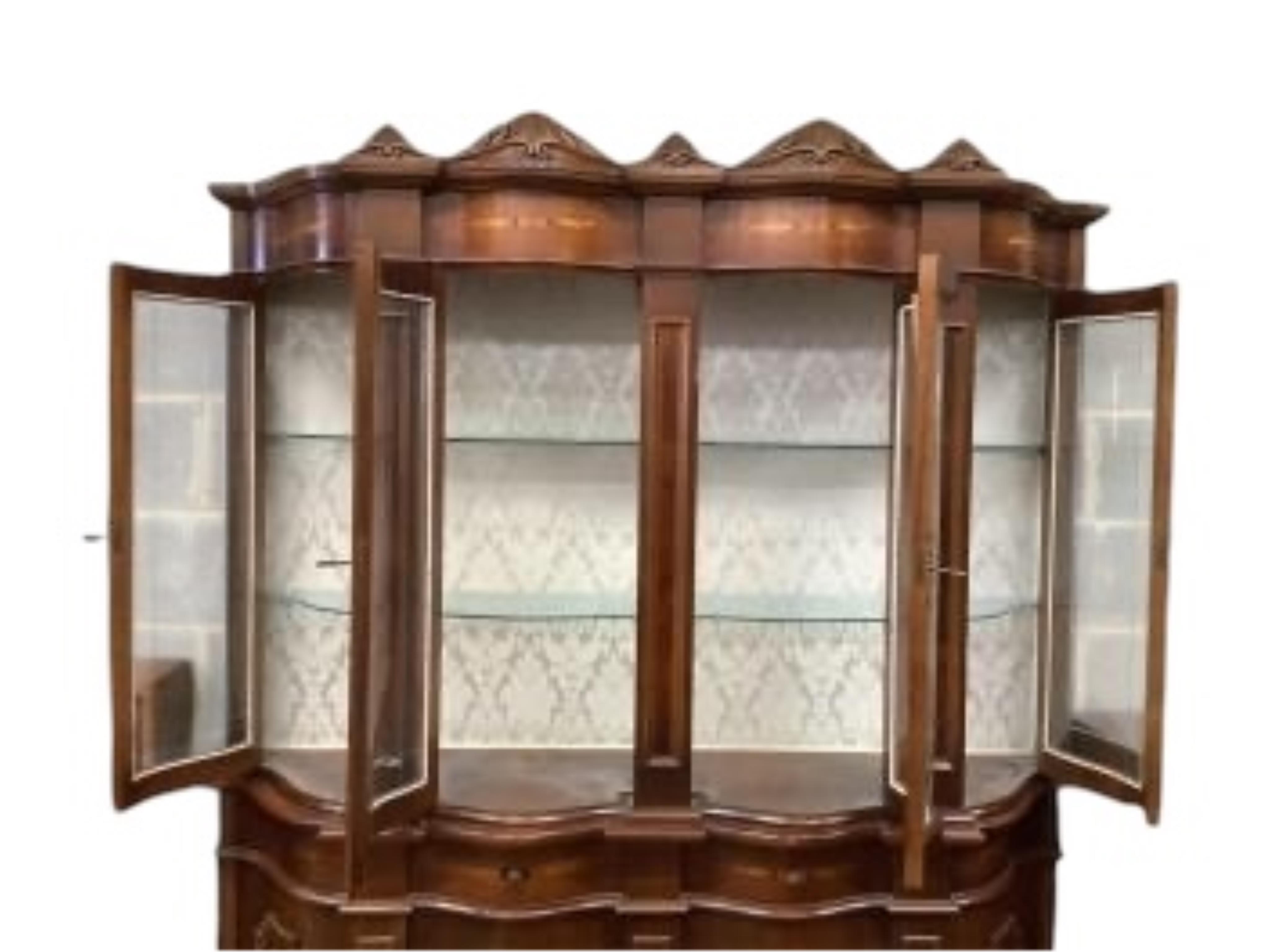 A reproduction marquetry inlaid mahogany baroque style display cabinet, width 173cm, depth 41cm, height 199cm